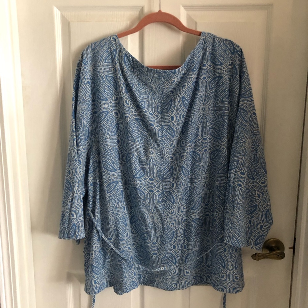 Lane Bryant tunic notch neck flap blue white paisley tile pattern tie waist - Picture 9 of 14